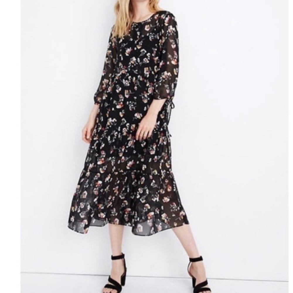 Madewell Sheer Black Floral Midi Dress